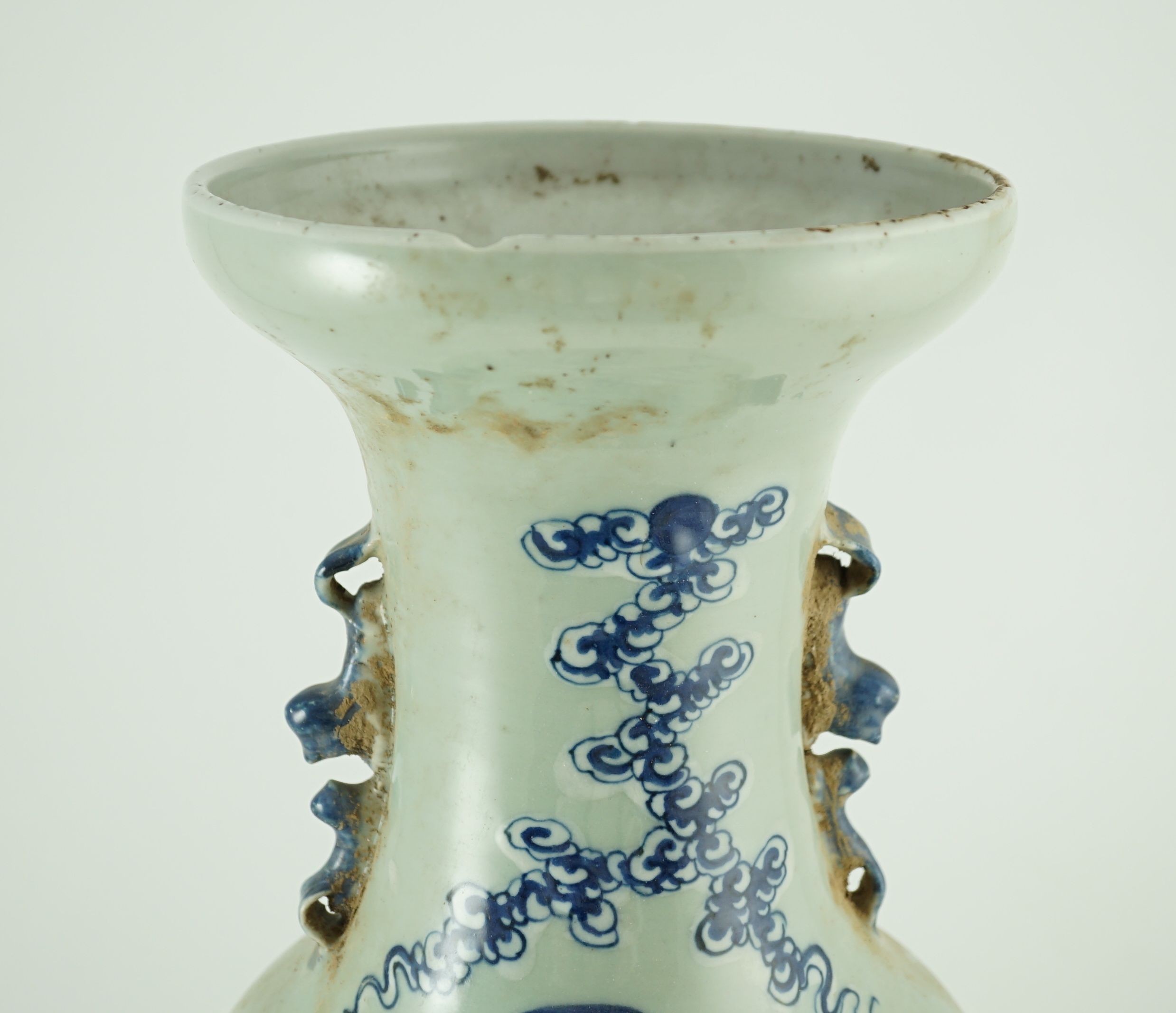 A large Chinese blue and white celadon ground vase, 19th century, rim chip and hairline crack